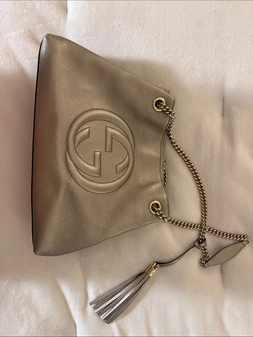 Gucci Metallic Pewter Soho Shoulder Bag with Tassel Chain Strap - Picture 1 of 5